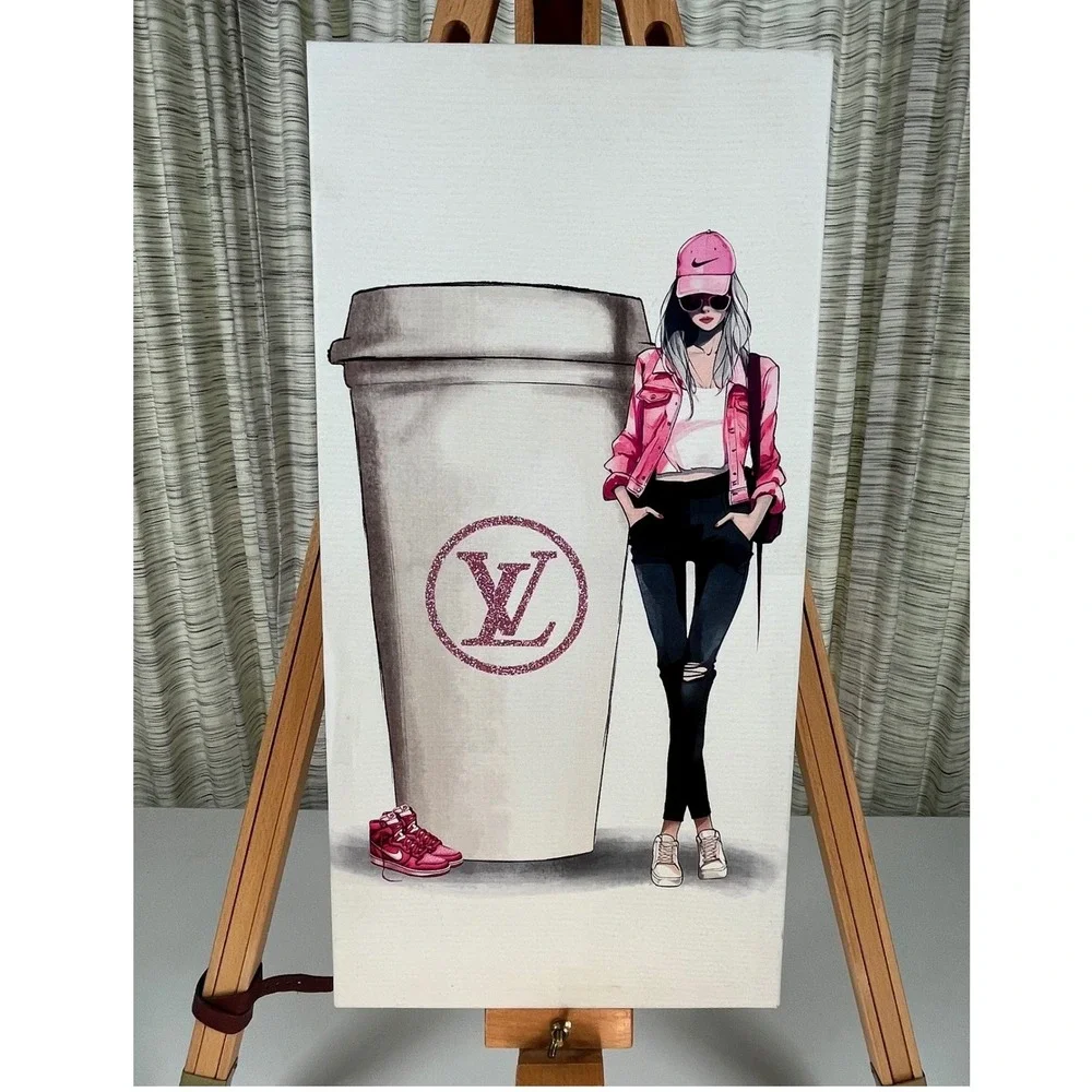Burlington Canvas Wall Art Pink Women 10x20 Excellent LV Coffee Fashion Decor
